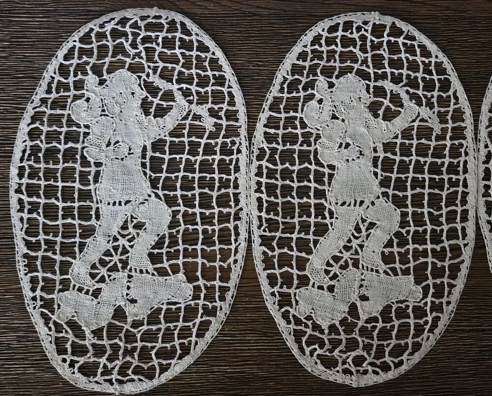 4 Antique Figural Needle Lace Doilys Inserts Applique Table Decoration Oval